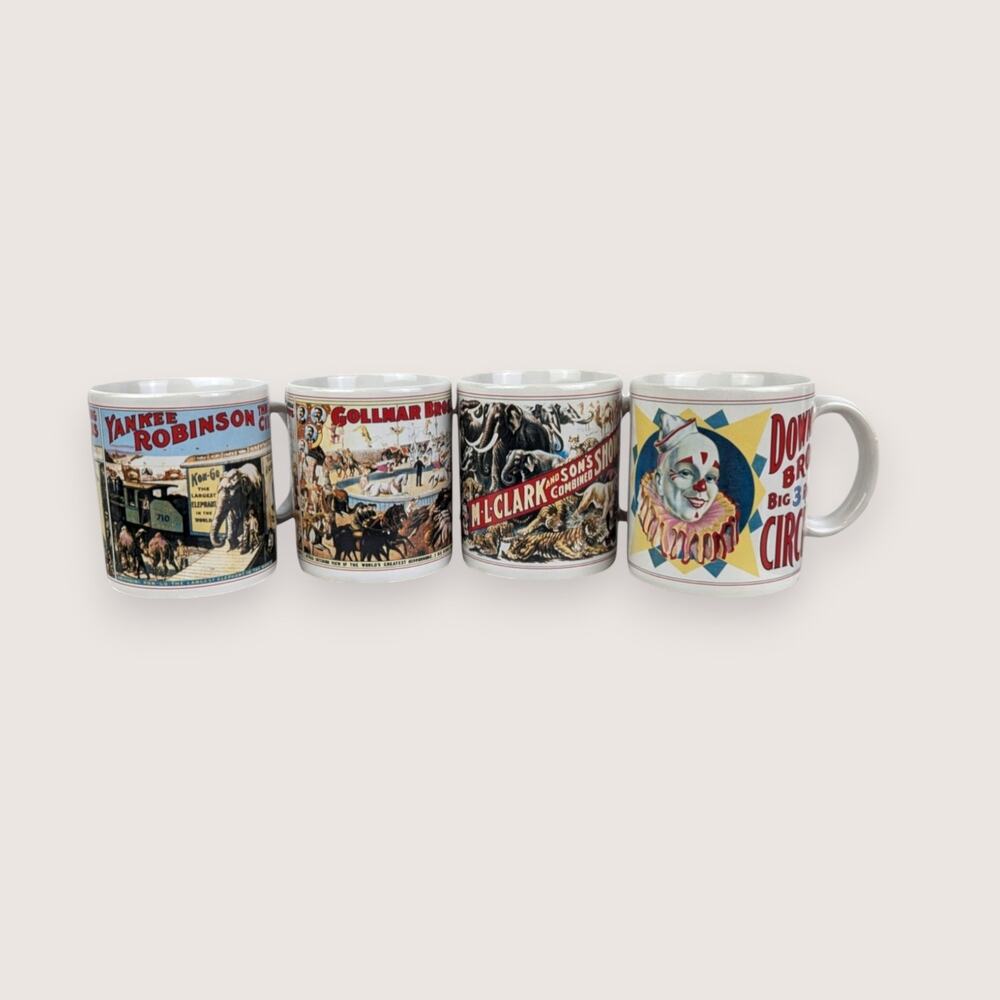 Set Of 4 Vintage Flambro Ceramic Circus Poster Mugs